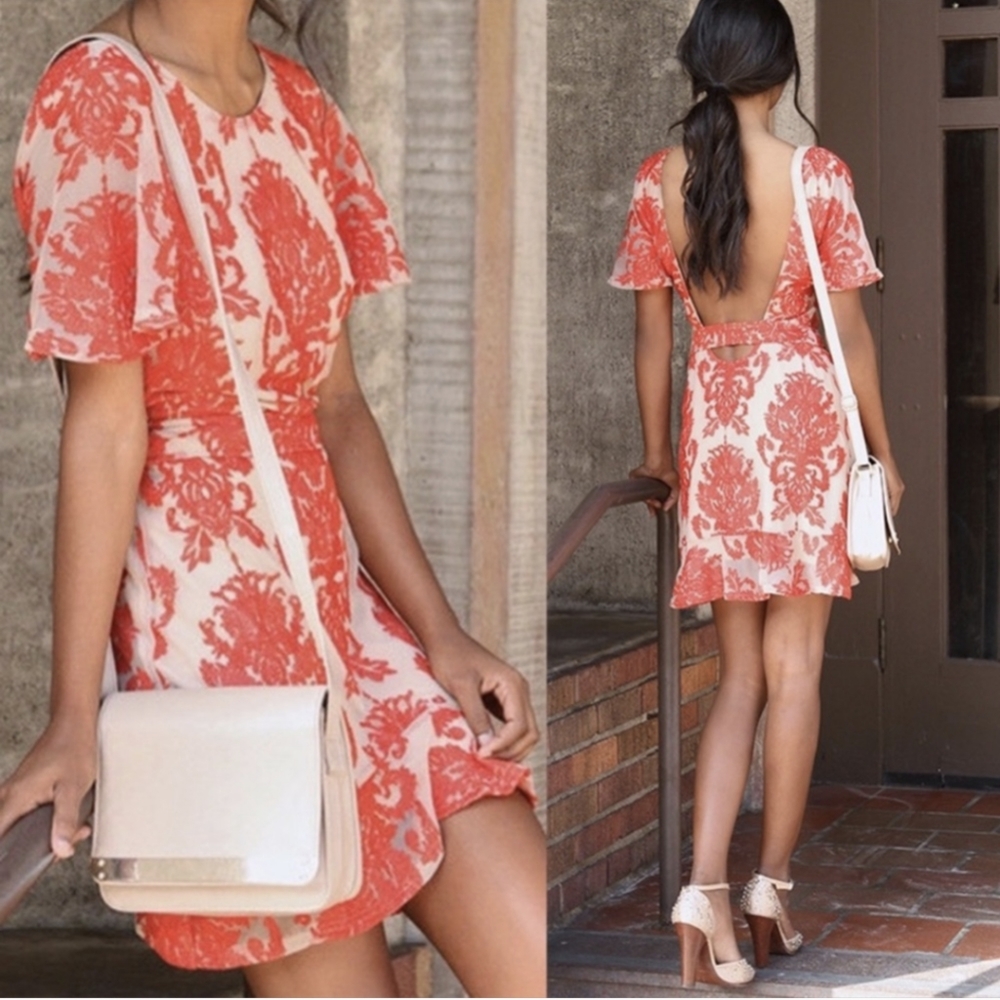 For Love & Lemons Coral and Cream Backless Mini Dress